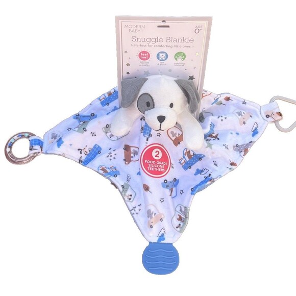 Modern Baby Snuggle Blankie Blue Puppy Dog Lovey Rattle Teether Vehicle Cars New - Picture 1 of 6